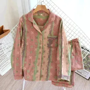 2pcs Women's Pajamas Fall Winter Jacquard Double-layer Cotton Yarn Lapel Loose Cotton Home Lounge Wear