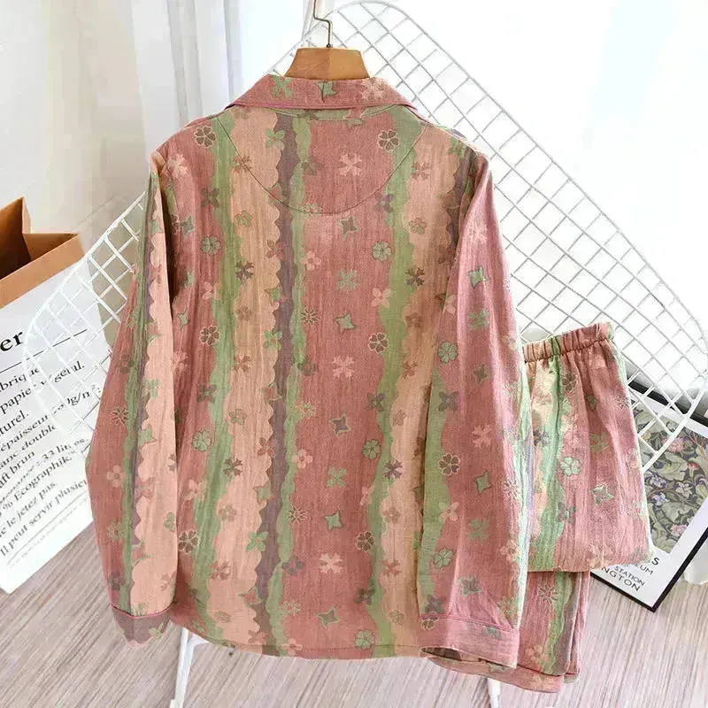 2pcs Women's Pajamas Fall Winter Jacquard Double-layer Cotton Yarn Lapel Loose Cotton Home Lounge Wear