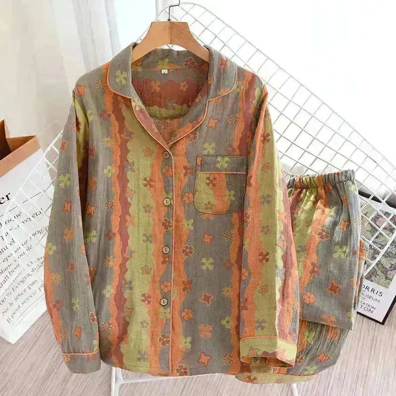 2pcs Women's Pajamas Fall Winter Jacquard Double-layer Cotton Yarn Lapel Loose Cotton Home Lounge Wear