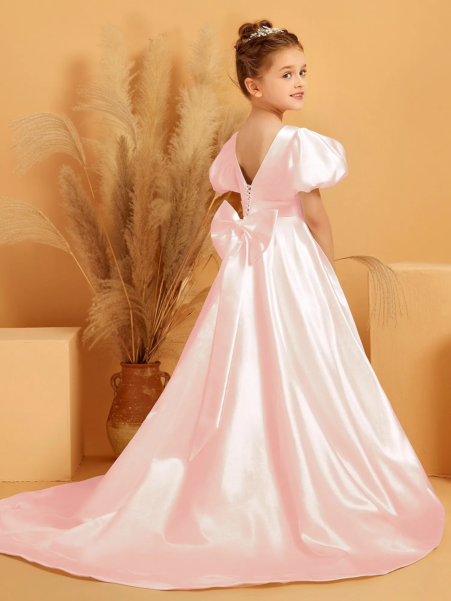 A-Line Pleated Satin Flower Girl Dress Blushing Pink