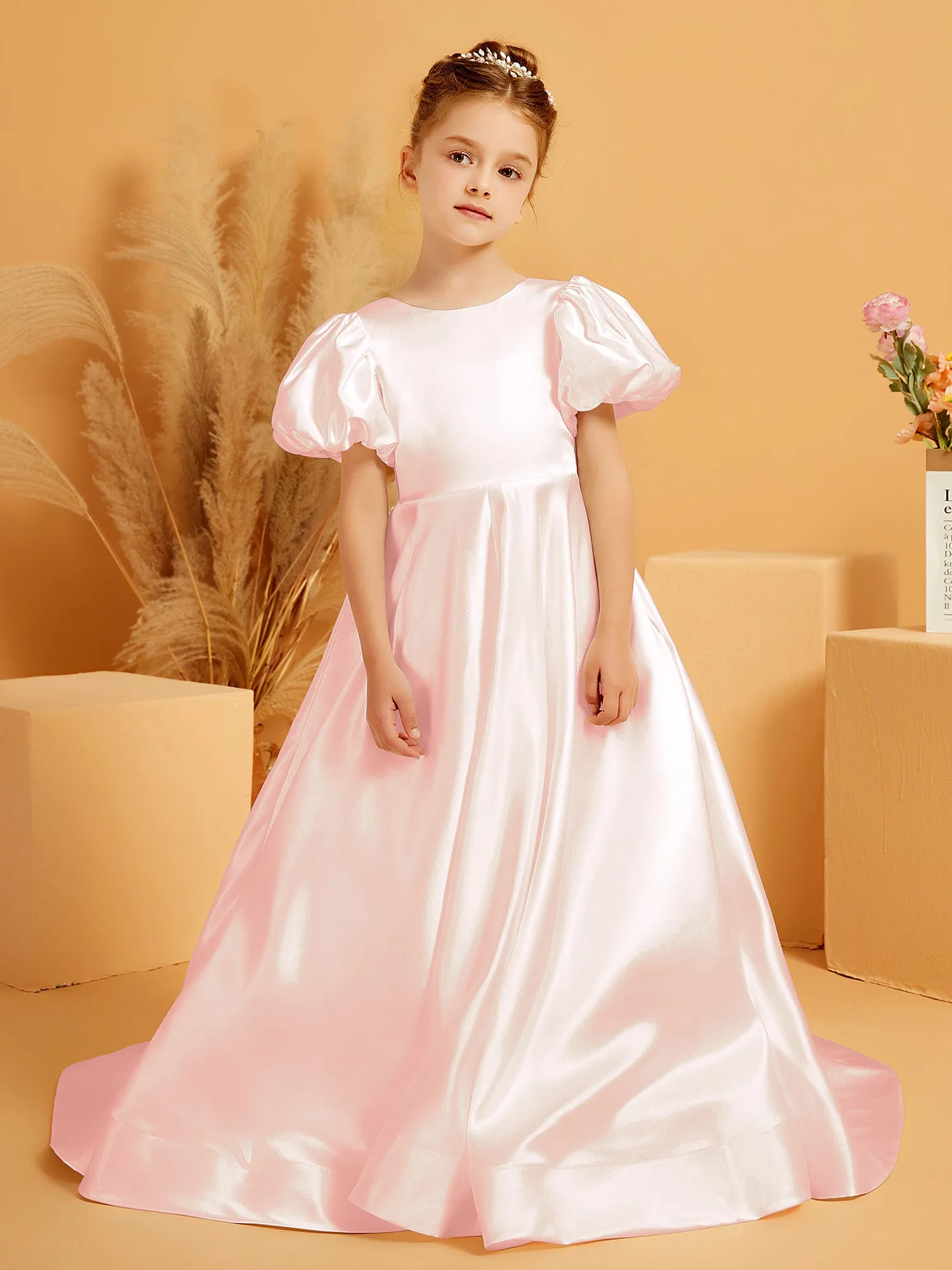 A-Line Pleated Satin Flower Girl Dress Blushing Pink