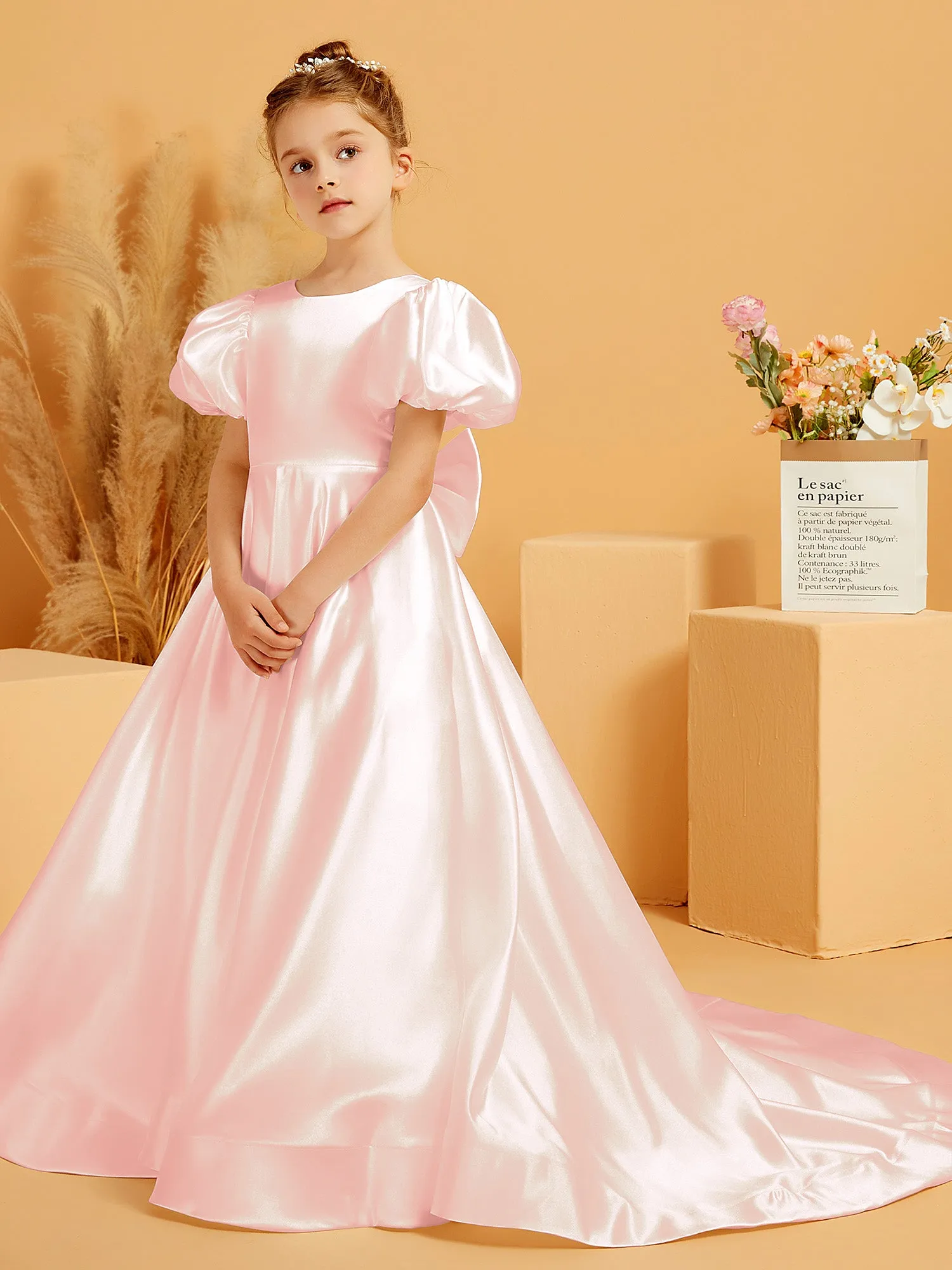 A-Line Pleated Satin Flower Girl Dress Blushing Pink