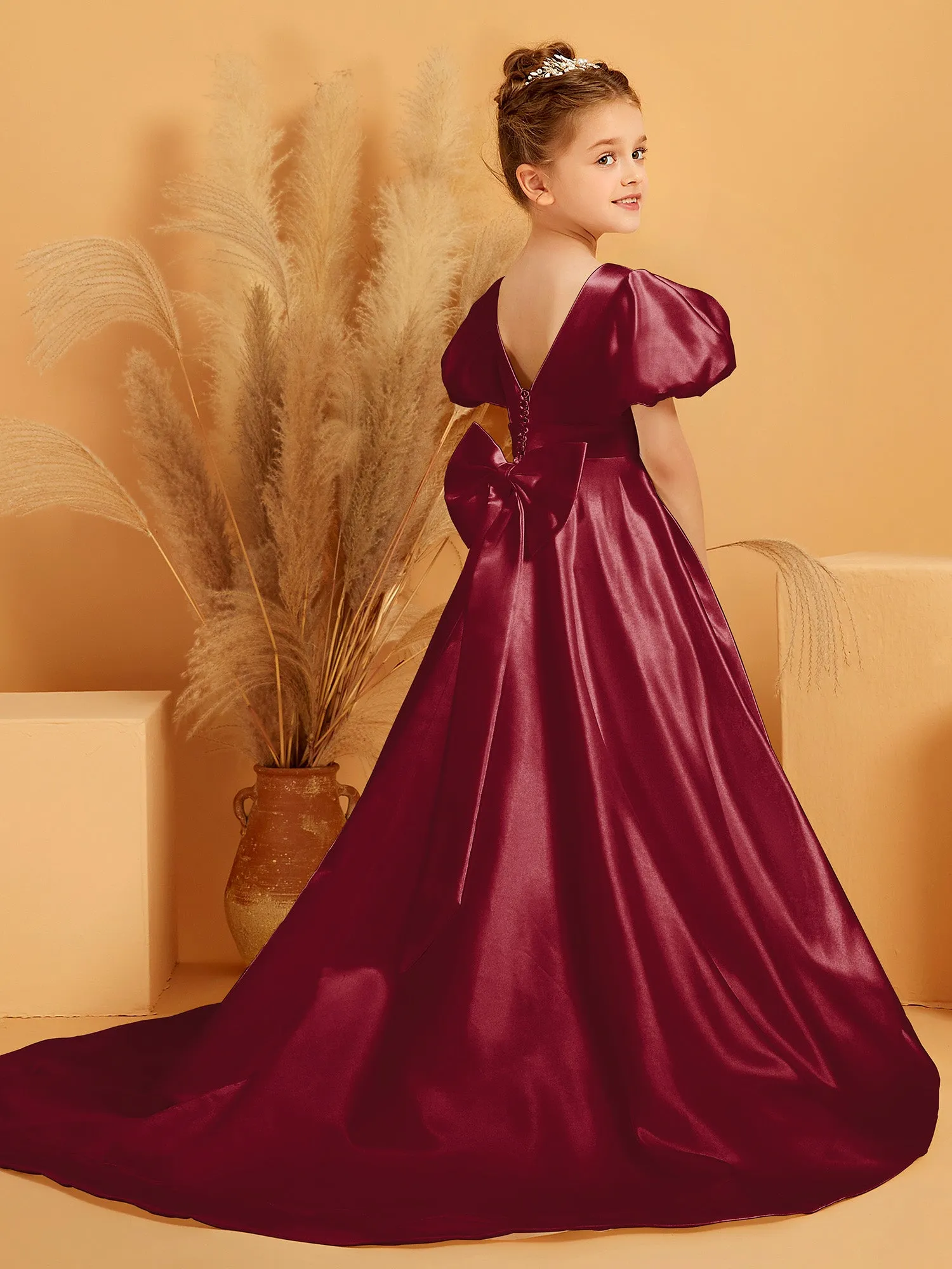 A-Line Pleated Satin Flower Girl Dress Burgundy