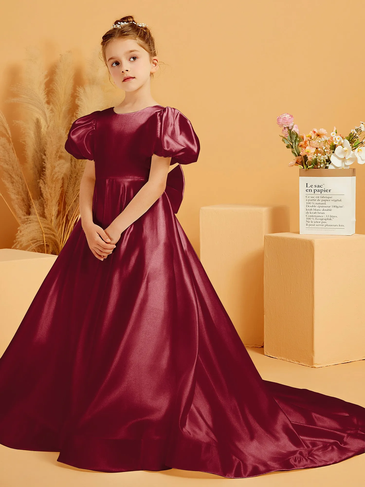 A-Line Pleated Satin Flower Girl Dress Burgundy