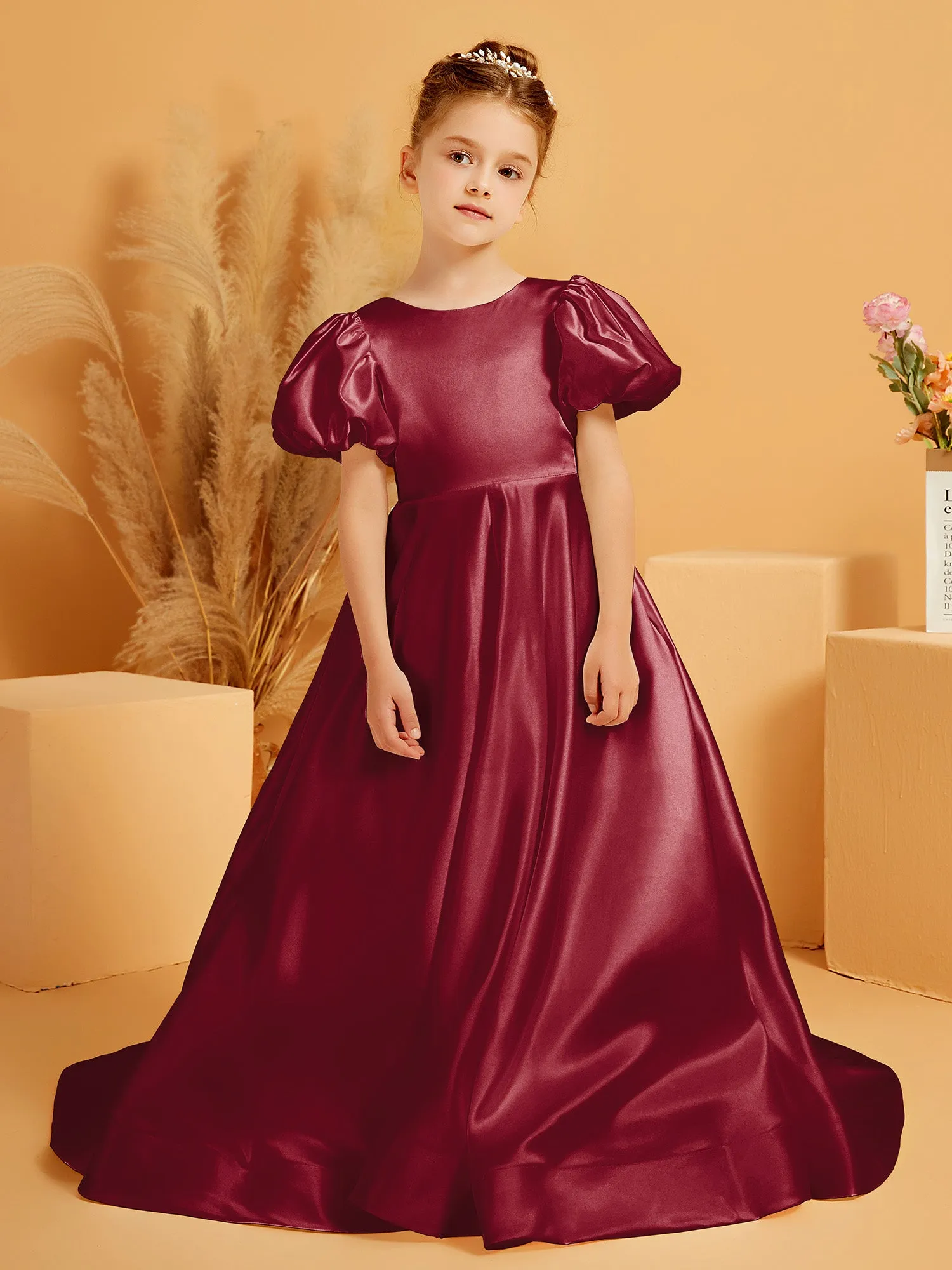 A-Line Pleated Satin Flower Girl Dress Burgundy