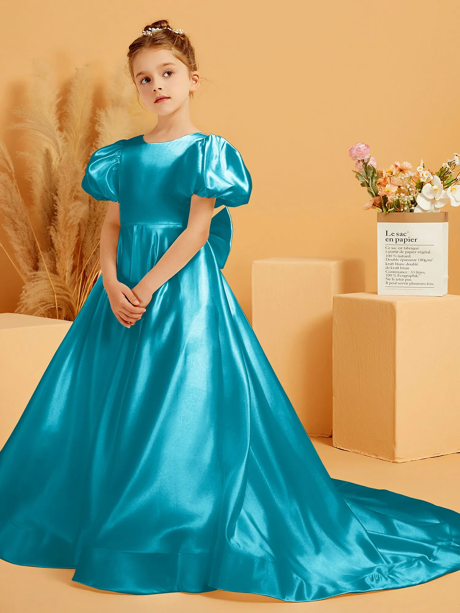 A-Line Pleated Satin Flower Girl Dress Jade