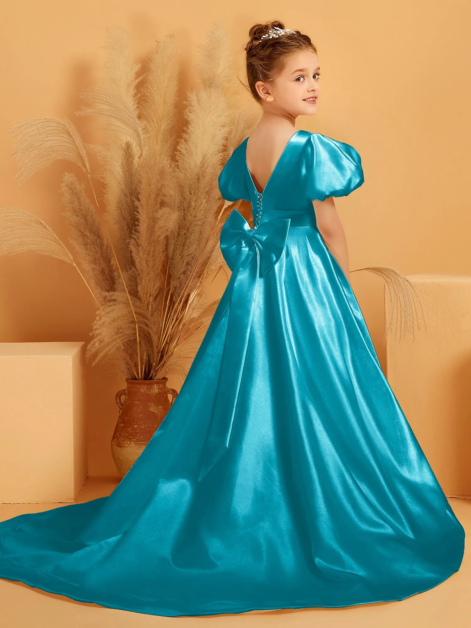 A-Line Pleated Satin Flower Girl Dress Jade