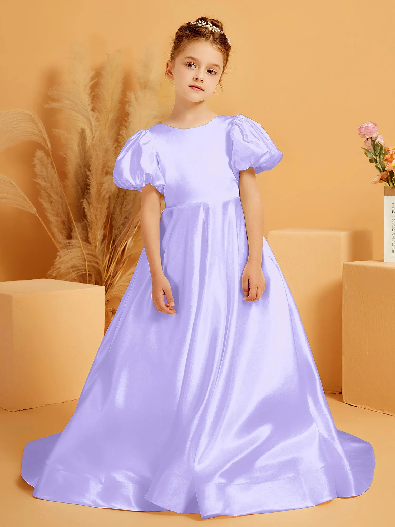 A-Line Pleated Satin Flower Girl Dress Lilac