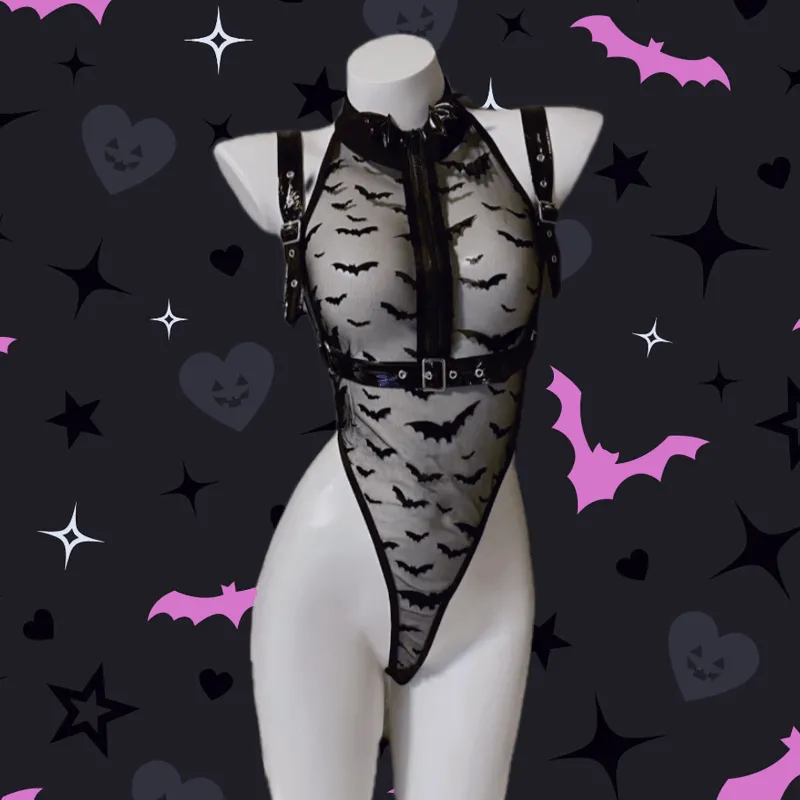 Bat Print Zipper Jumpsuit Lingerie