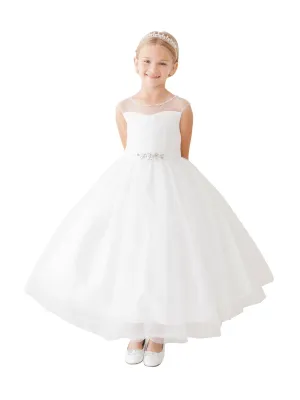 Big Girls White Illusion Neck Beaded Lace Belted Junior Bridesmaid Dress 8