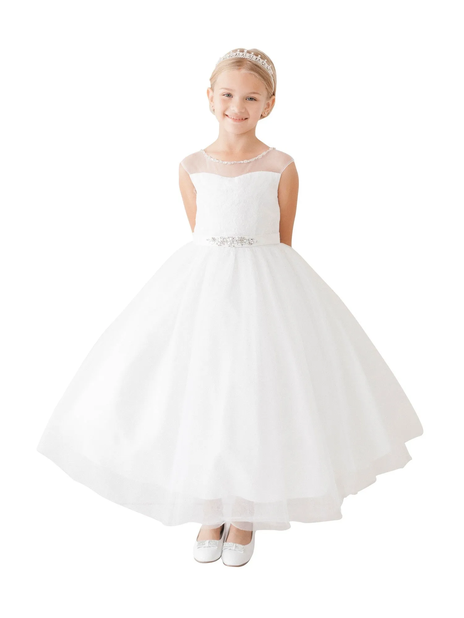 Big Girls White Illusion Neck Beaded Lace Belted Junior Bridesmaid Dress 8