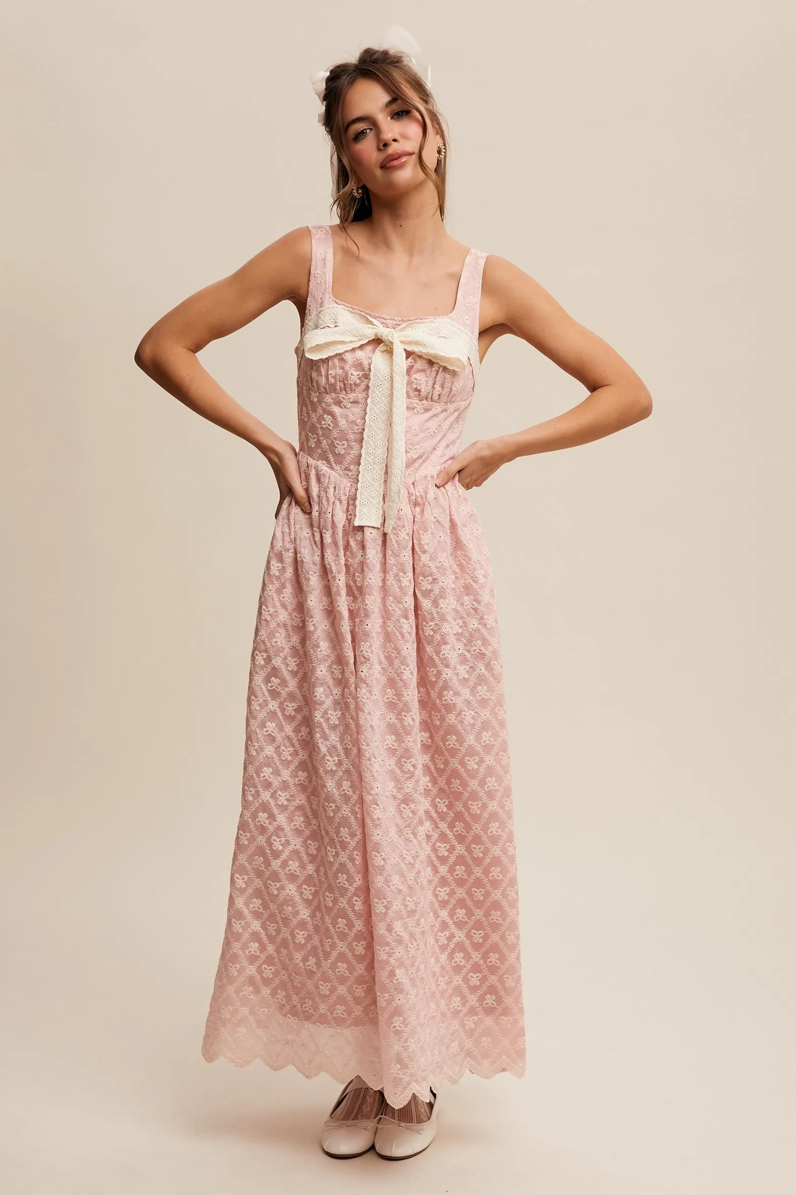 Bow Lace Maxi Dress - Baby Pink
