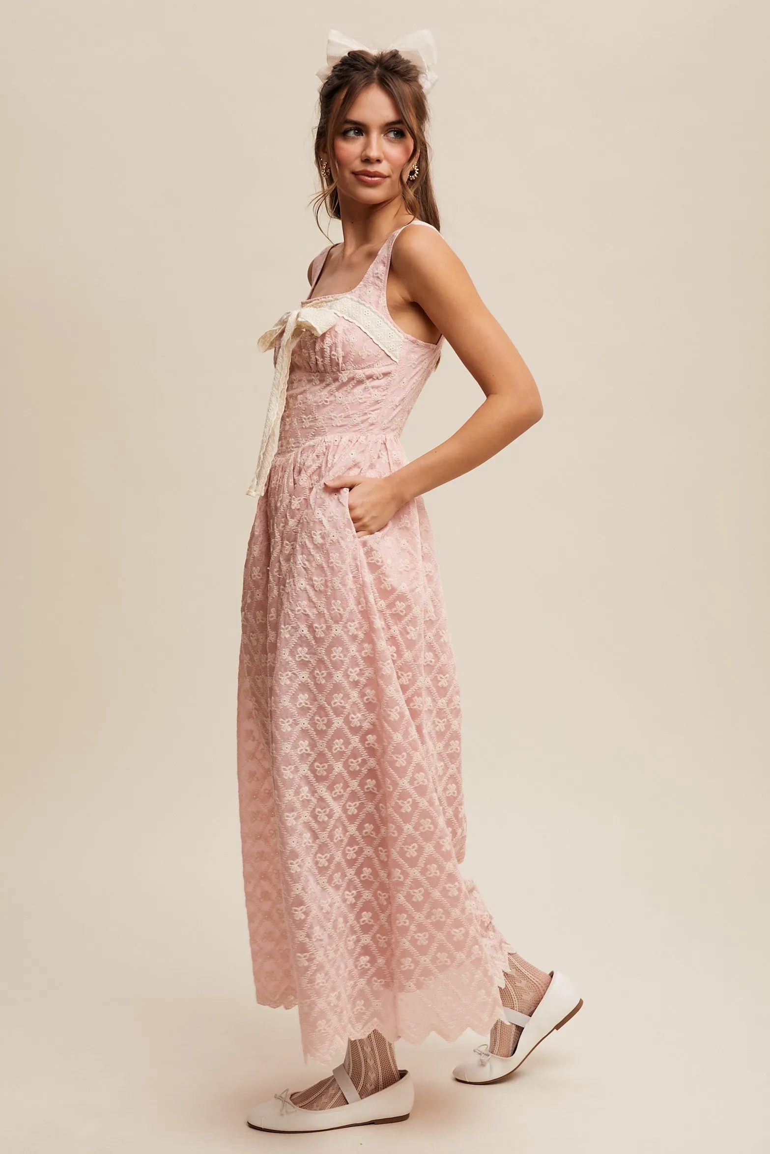 Bow Lace Maxi Dress - Baby Pink