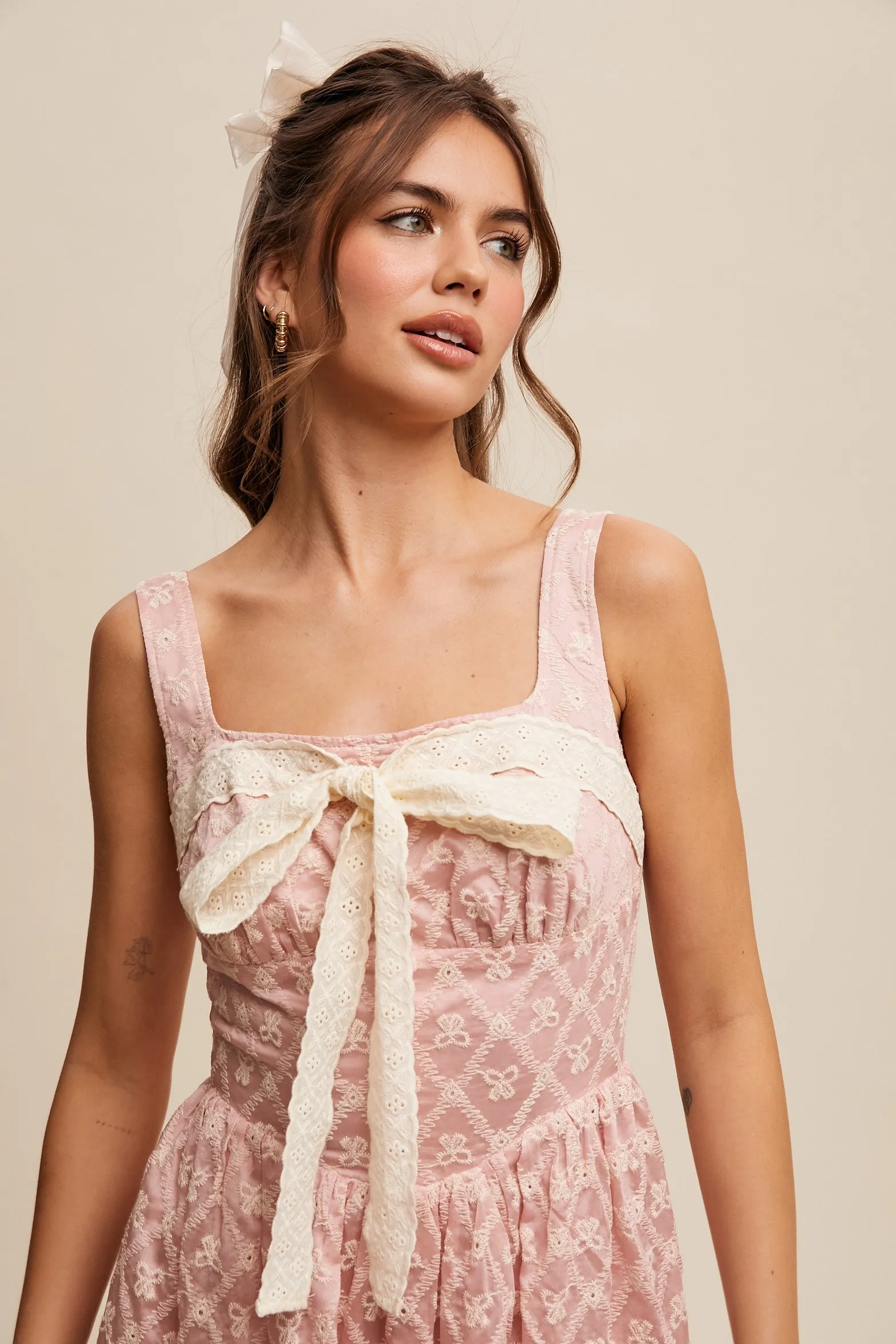 Bow Lace Maxi Dress - Baby Pink