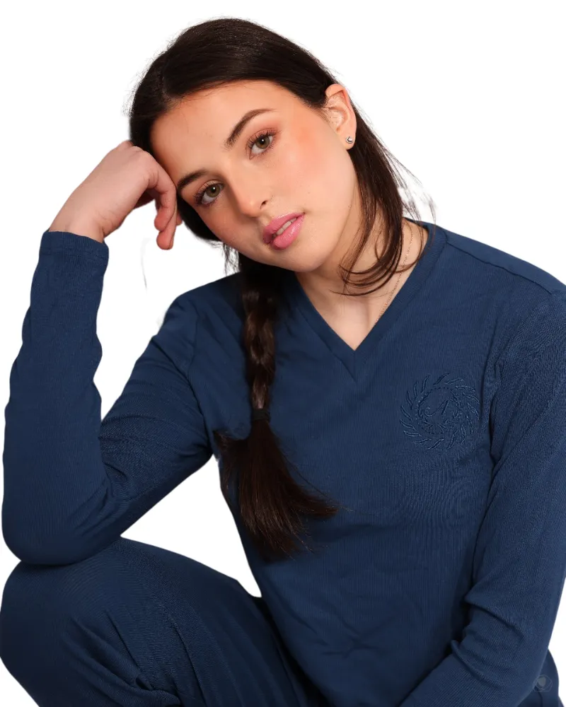 C-7143 Royal Blue Emblem Ribbed V Neck Modal Pajamas Set