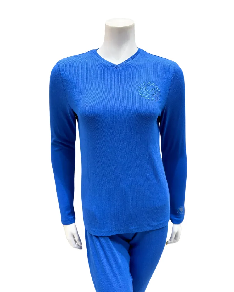 C-7143 Royal Blue Emblem Ribbed V Neck Modal Pajamas Set