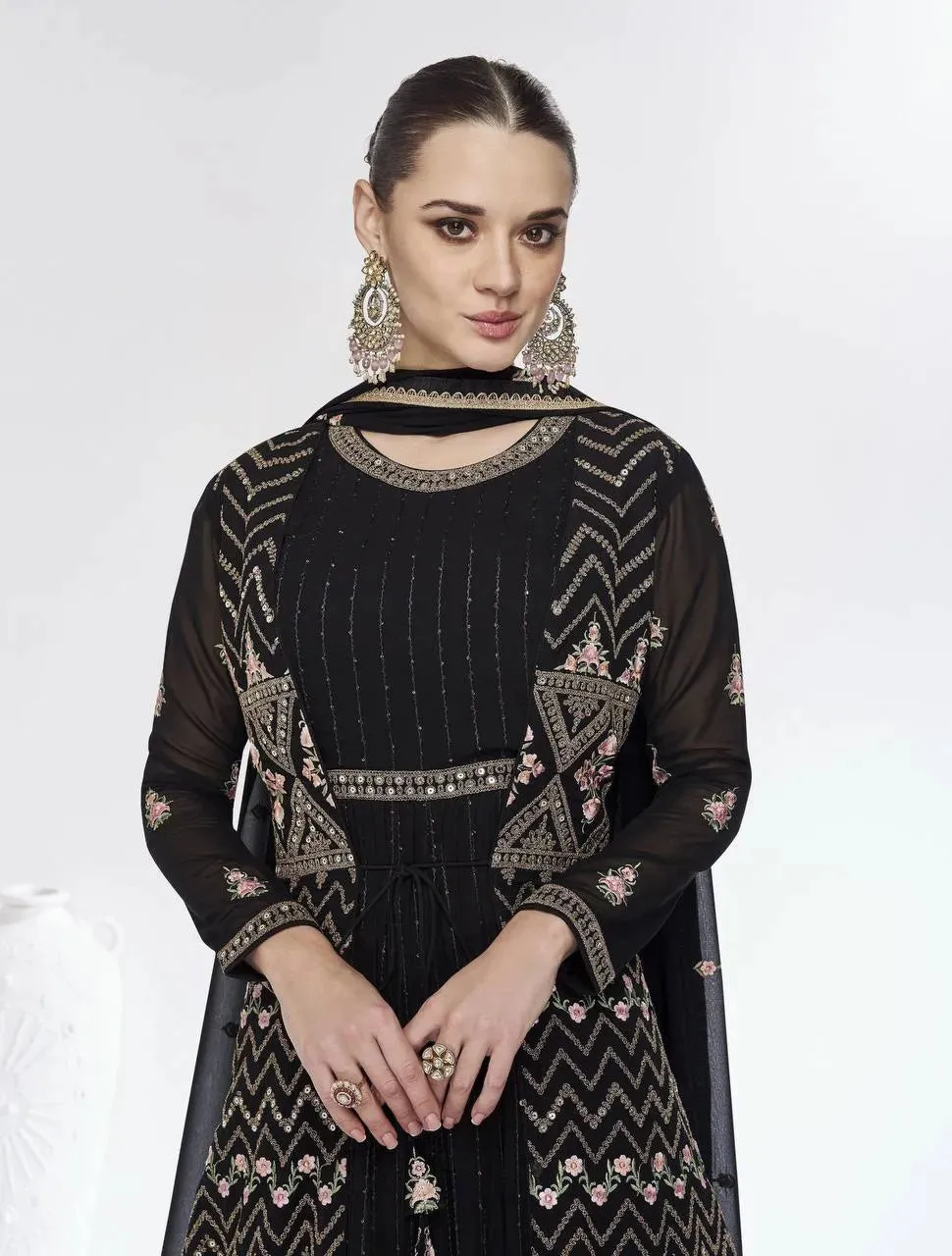 Classic Black Embroidered Faux Georgette Gown With Jacket