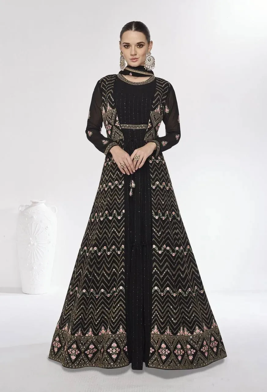 Classic Black Embroidered Faux Georgette Gown With Jacket