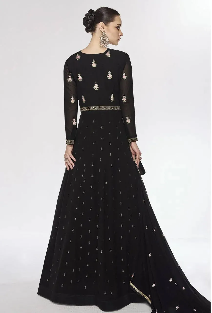 Classic Black Embroidered Faux Georgette Gown With Jacket