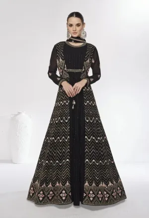 Classic Black Embroidered Faux Georgette Gown With Jacket