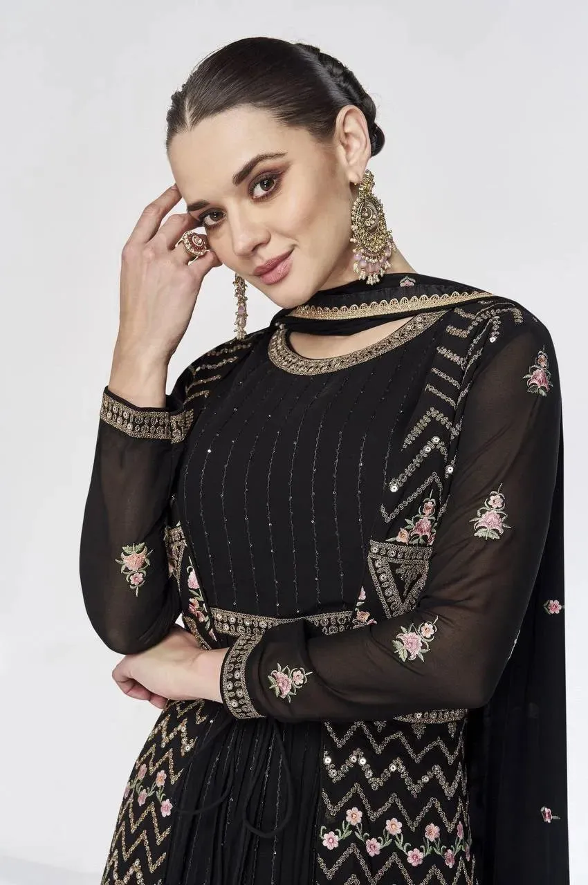 Classic Black Embroidered Faux Georgette Gown With Jacket