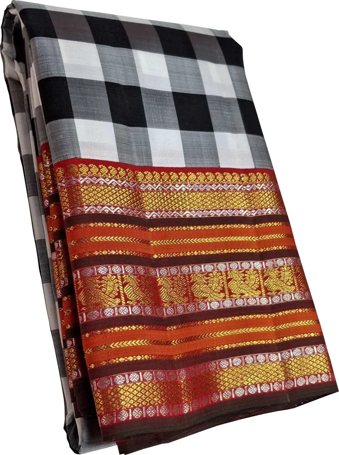 Classic Checkered Kanjeevaram Pure Silk Saree in Black & White