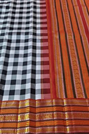 Classic Checkered Kanjeevaram Pure Silk Saree in Black & White