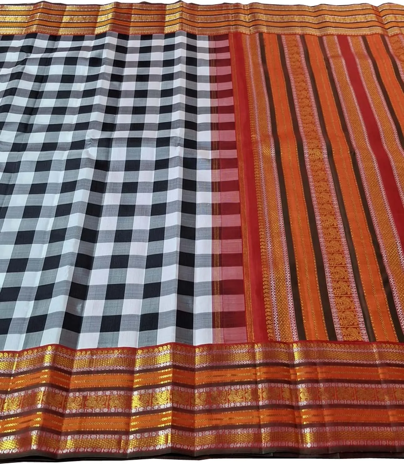 Classic Checkered Kanjeevaram Pure Silk Saree in Black & White