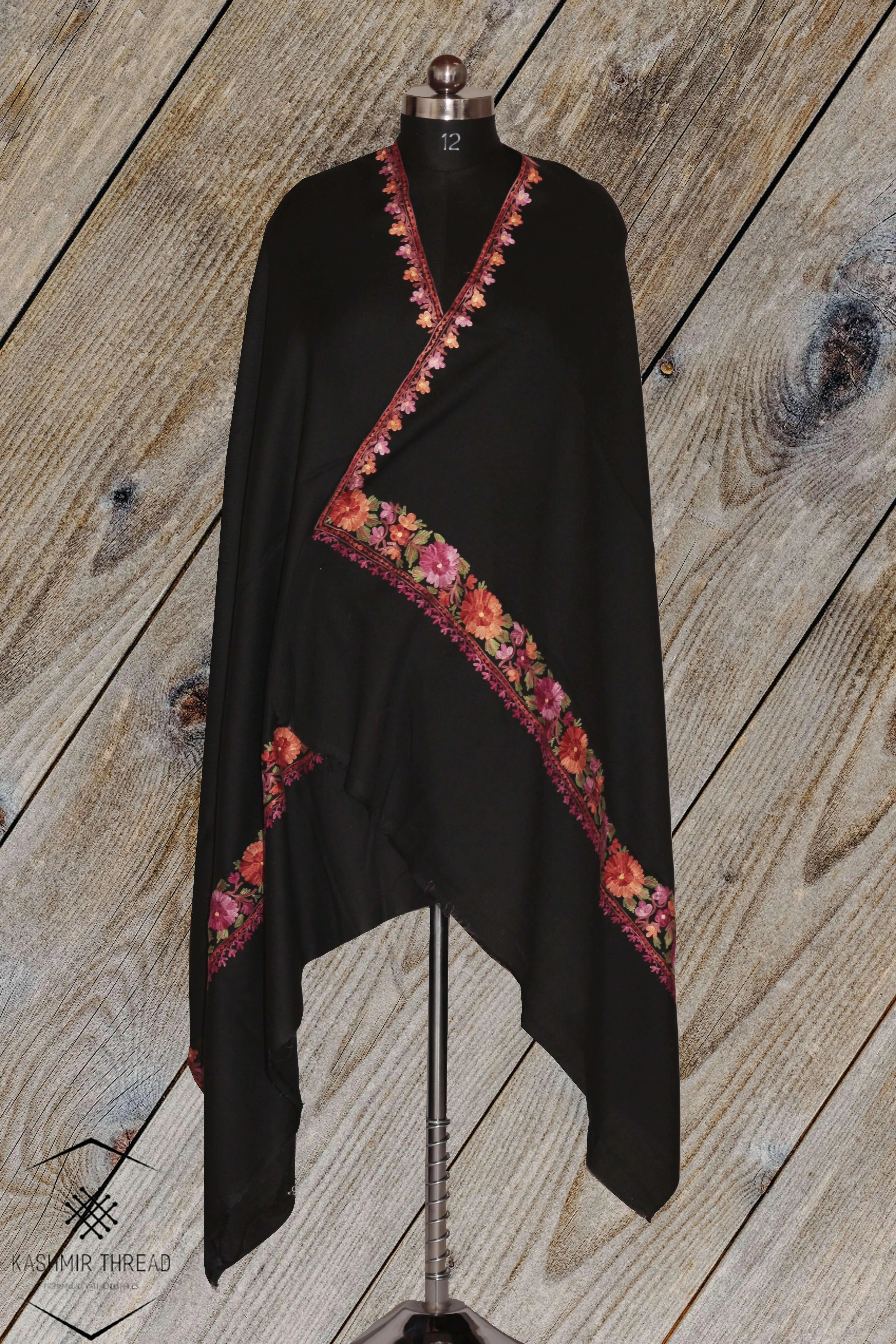 Elegant Aari-Embroidered Black Merino Wool Shawl