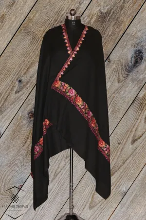 Elegant Aari-Embroidered Black Merino Wool Shawl