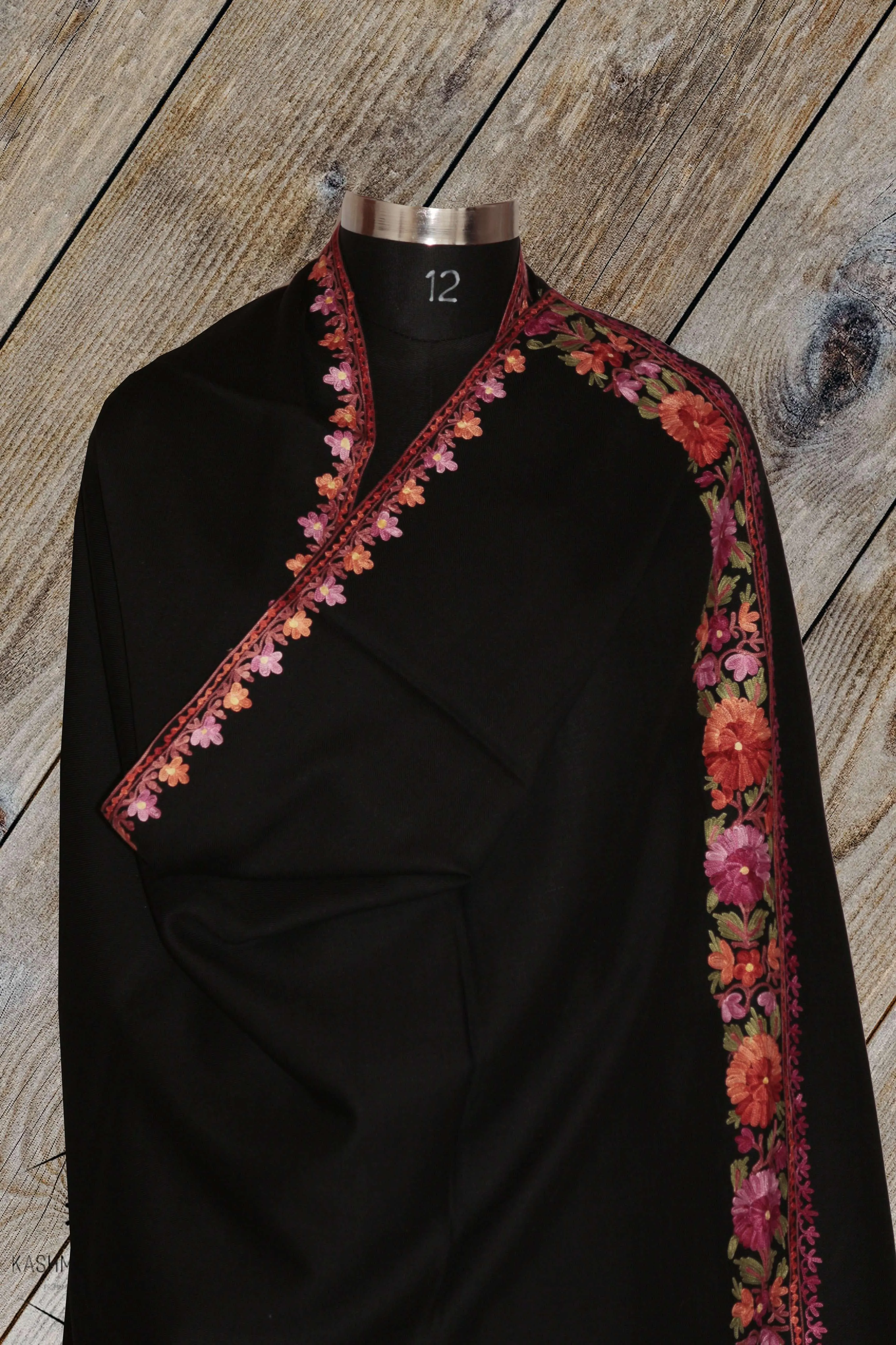 Elegant Aari-Embroidered Black Merino Wool Shawl