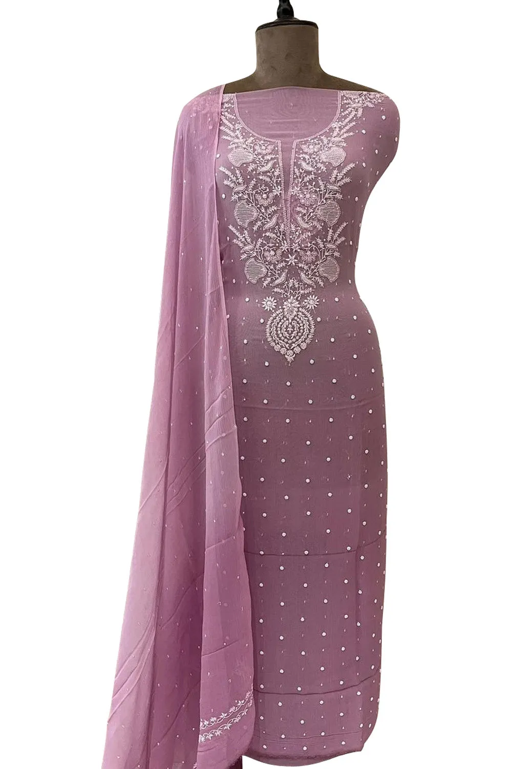 Elegant Pink Chikankari Chiffon Suit: Intricate Hand-Embroidery, Sparkling Sequins & Delicate Pearls