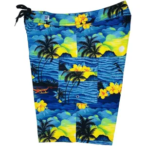 Fixed (Non Elastic) Waist Womens Board Shorts "Picture This" (Blue) * CUSTOM *