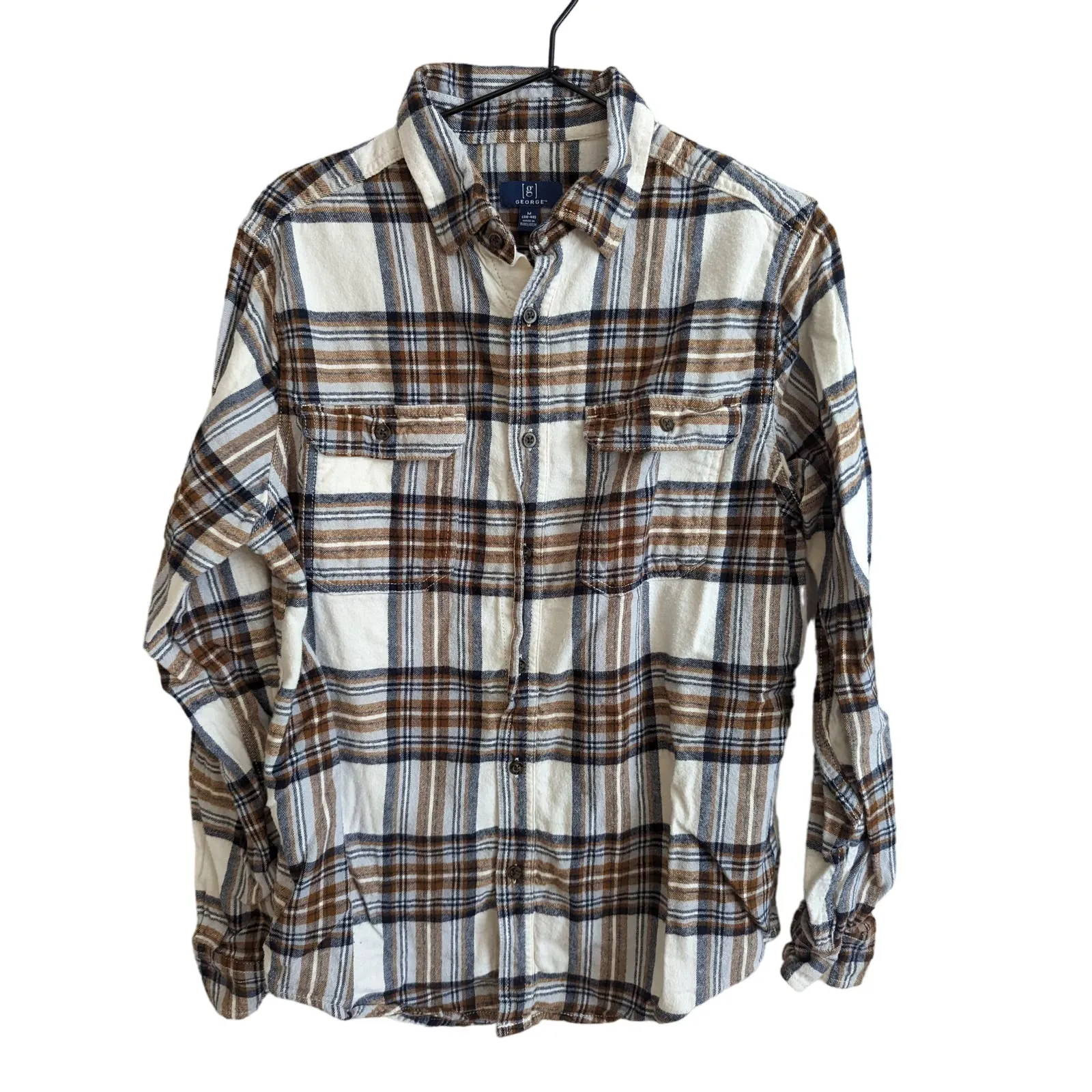 George Mens Sz M Long Sleeve Button Down Flannel Plaid Shirt  Brown Blue