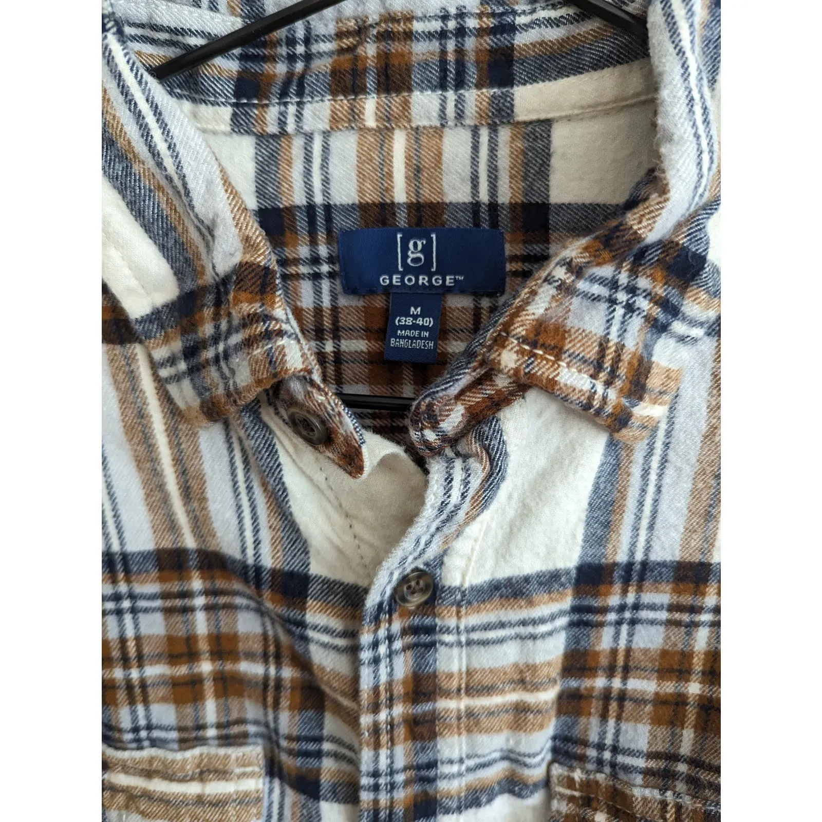 George Mens Sz M Long Sleeve Button Down Flannel Plaid Shirt  Brown Blue