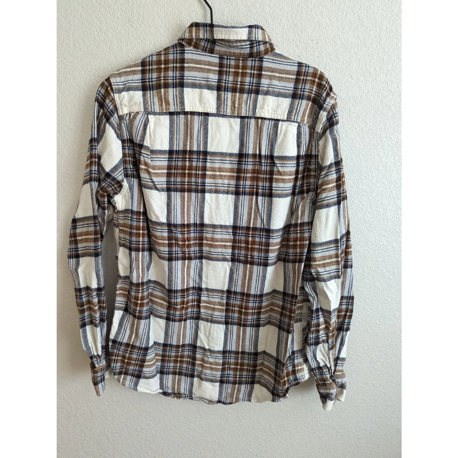 George Mens Sz M Long Sleeve Button Down Flannel Plaid Shirt  Brown Blue