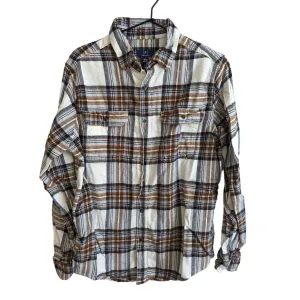 George Mens Sz M Long Sleeve Button Down Flannel Plaid Shirt  Brown Blue