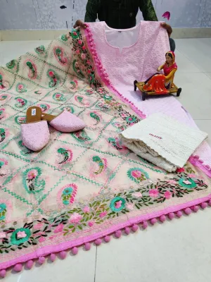 Light Pink Pure Cotton Phulkari Suit with Beautiful Handmade Mirror Work Shopping Online