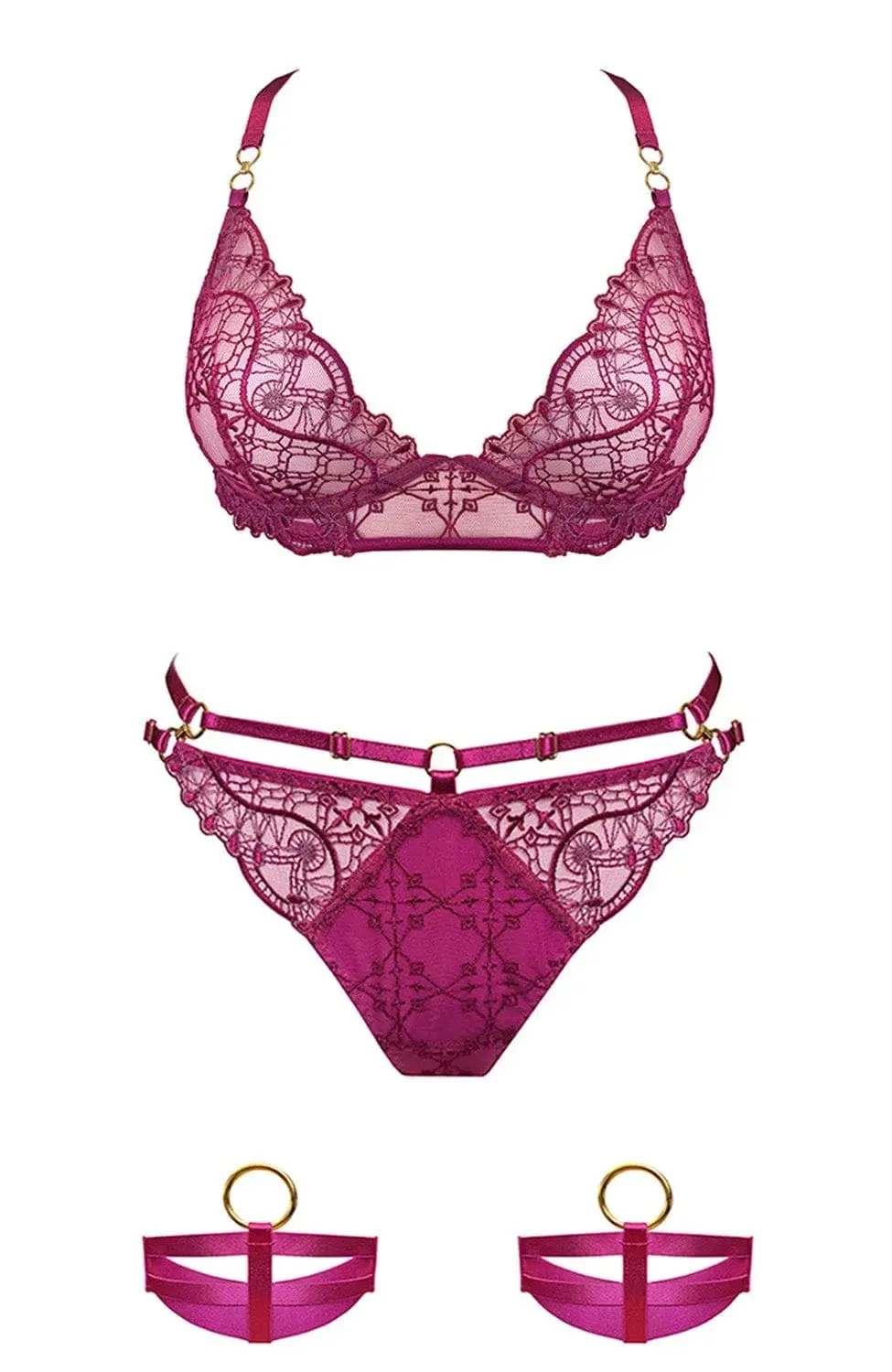 Mari Soft Cup Bra, Open Back Brief and Garters Set