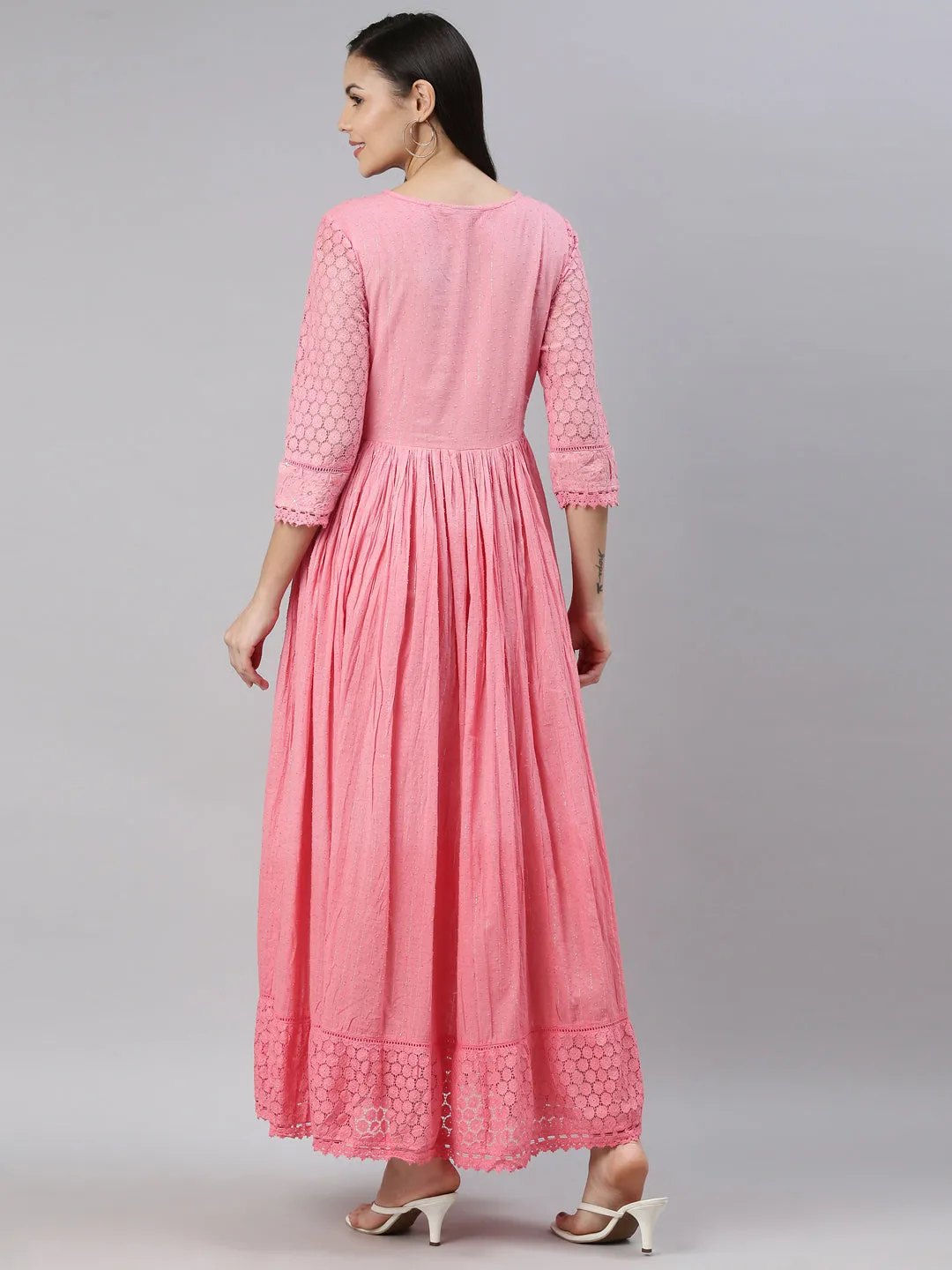 Neerus Pink Floral Embroidered Ethnic Maxi Dress