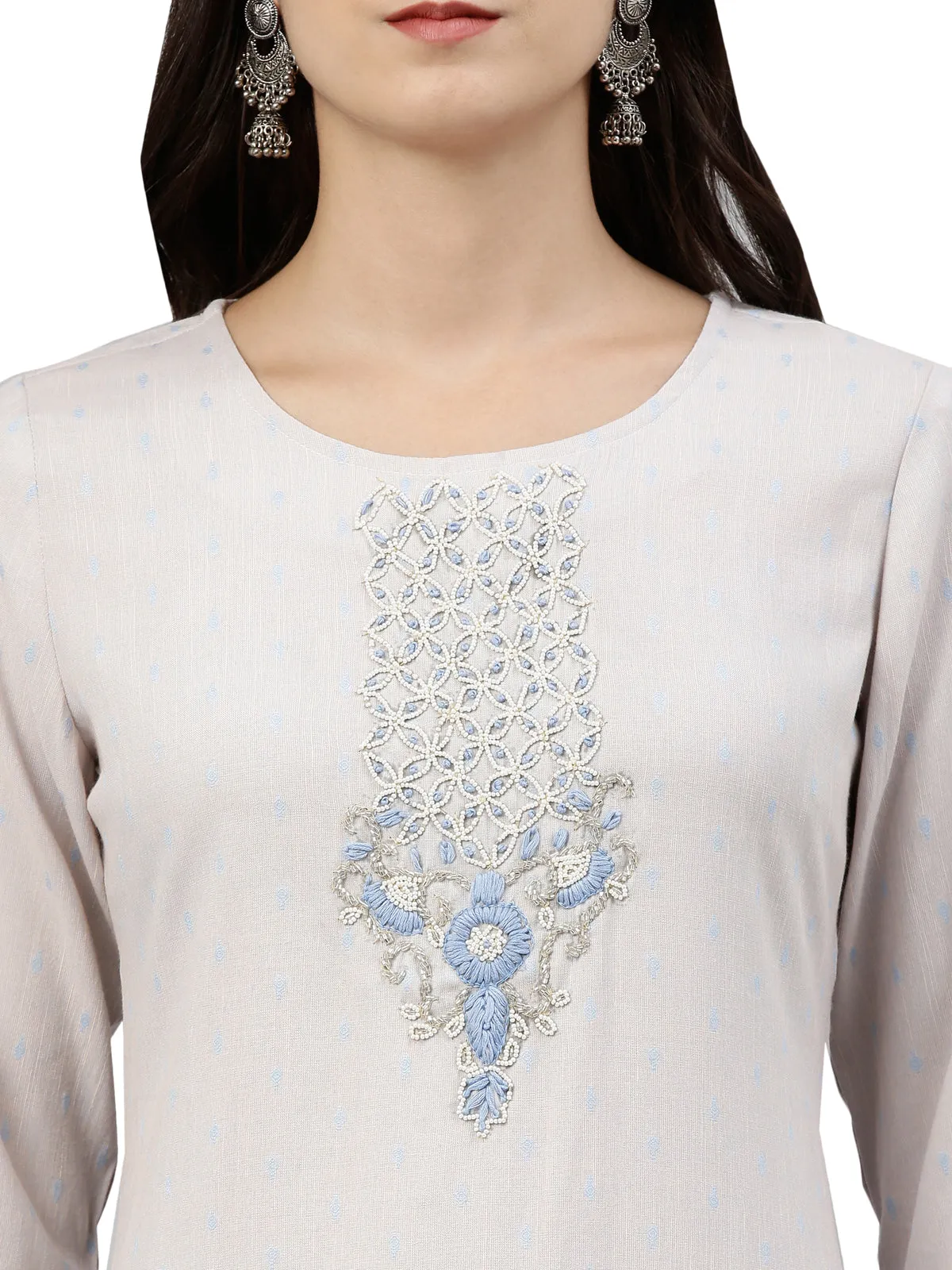 Neerus Women Grey  Blue Floral Embroidered Kurta