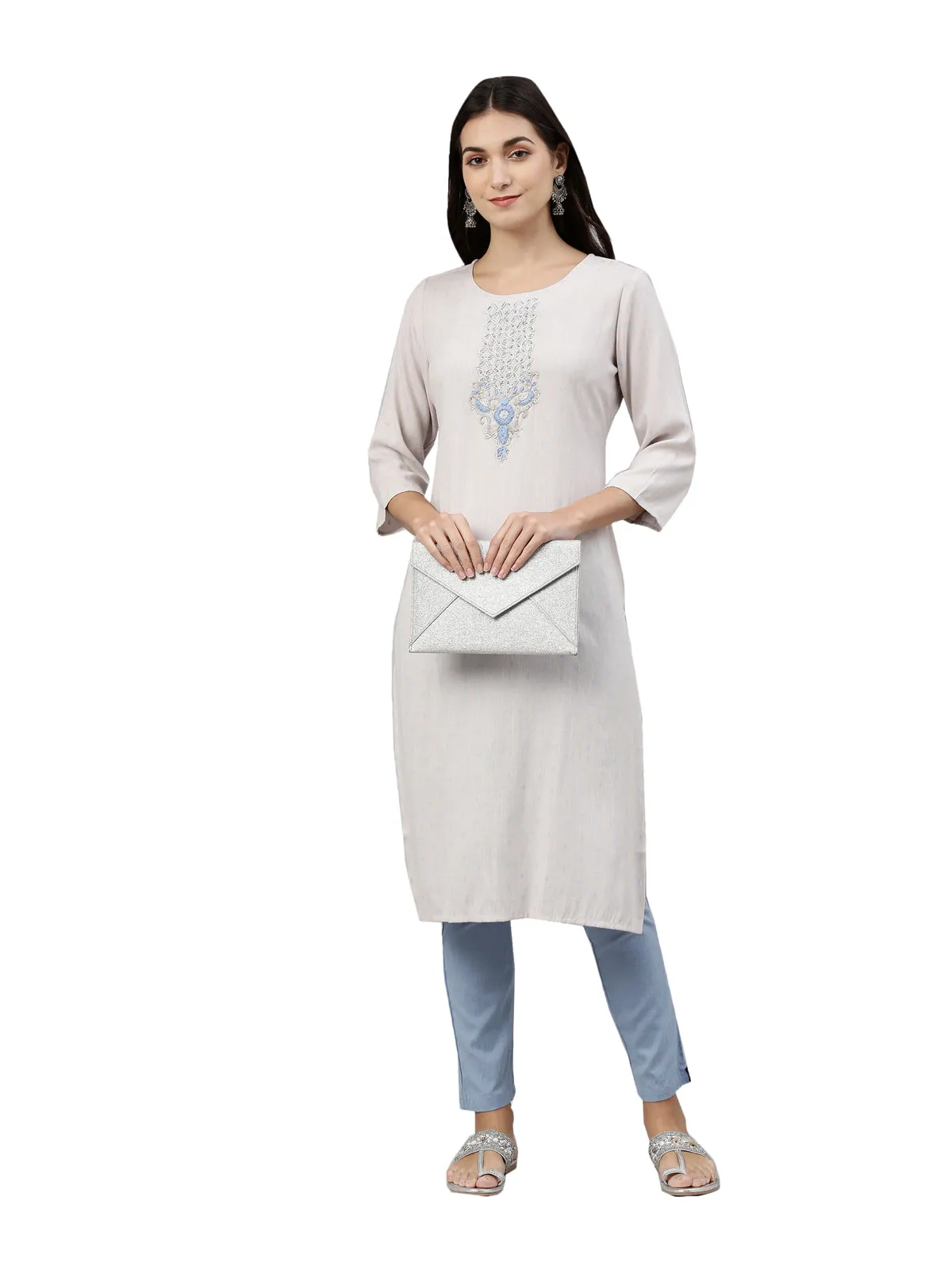 Neerus Women Grey  Blue Floral Embroidered Kurta