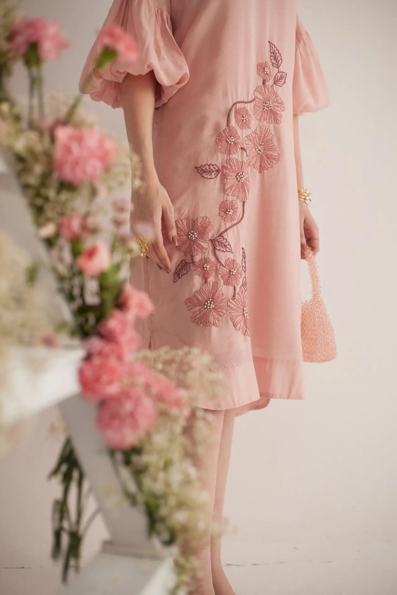 Peach Balloon Sleeves with Front Embroidery Long Dress and Spaghetti