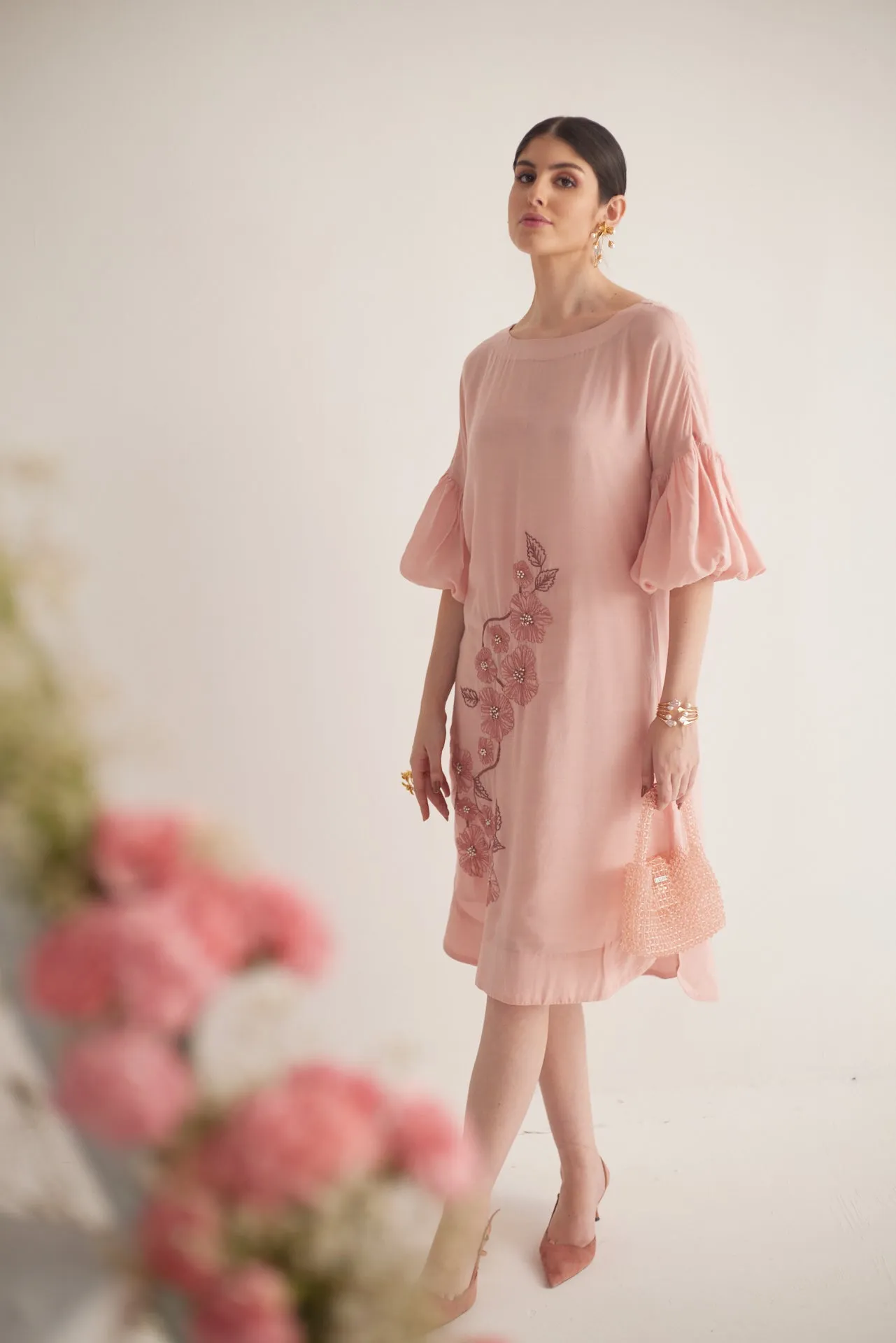 Peach Balloon Sleeves with Front Embroidery Long Dress and Spaghetti