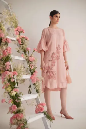 Peach Balloon Sleeves with Front Embroidery Long Dress and Spaghetti
