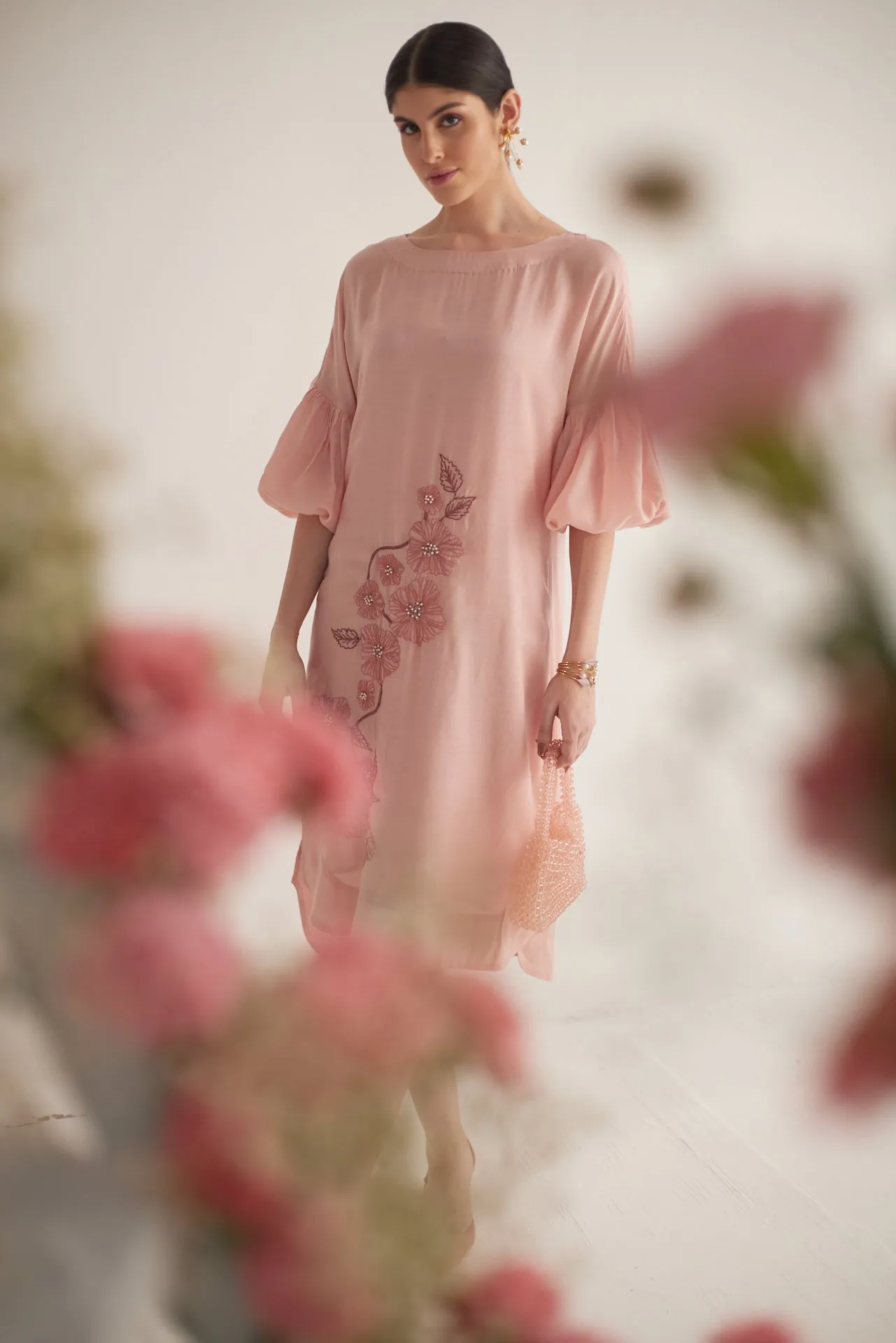 Peach Balloon Sleeves with Front Embroidery Long Dress and Spaghetti