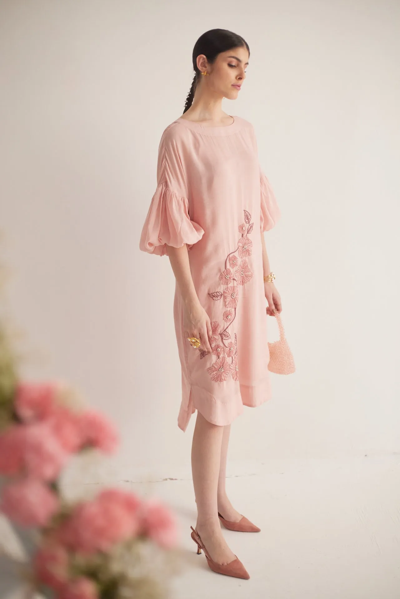 Peach Balloon Sleeves with Front Embroidery Long Dress and Spaghetti