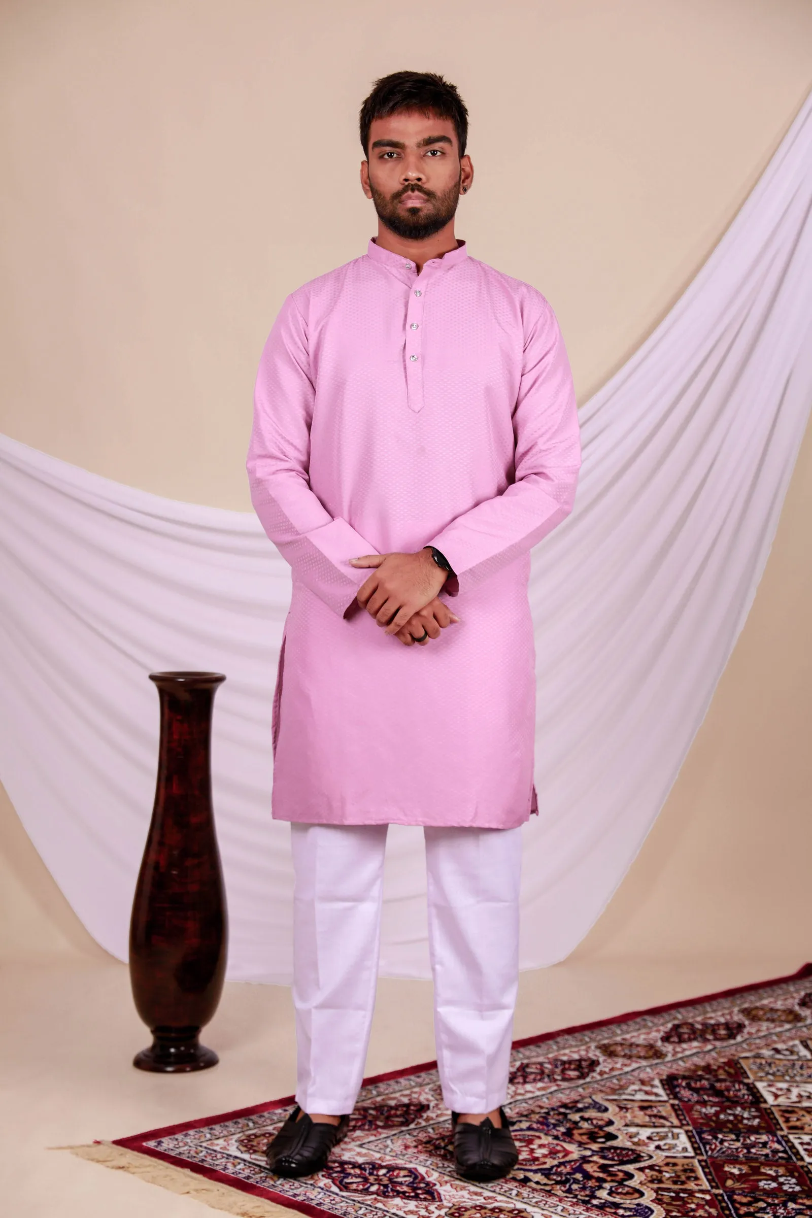 Pink Embossed Textured Plain Kurta (Only Kurta)