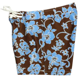 "Pure Hibiscus" Girls Board Shorts - 5" Inseam (Brown Blue or Brown Pink)