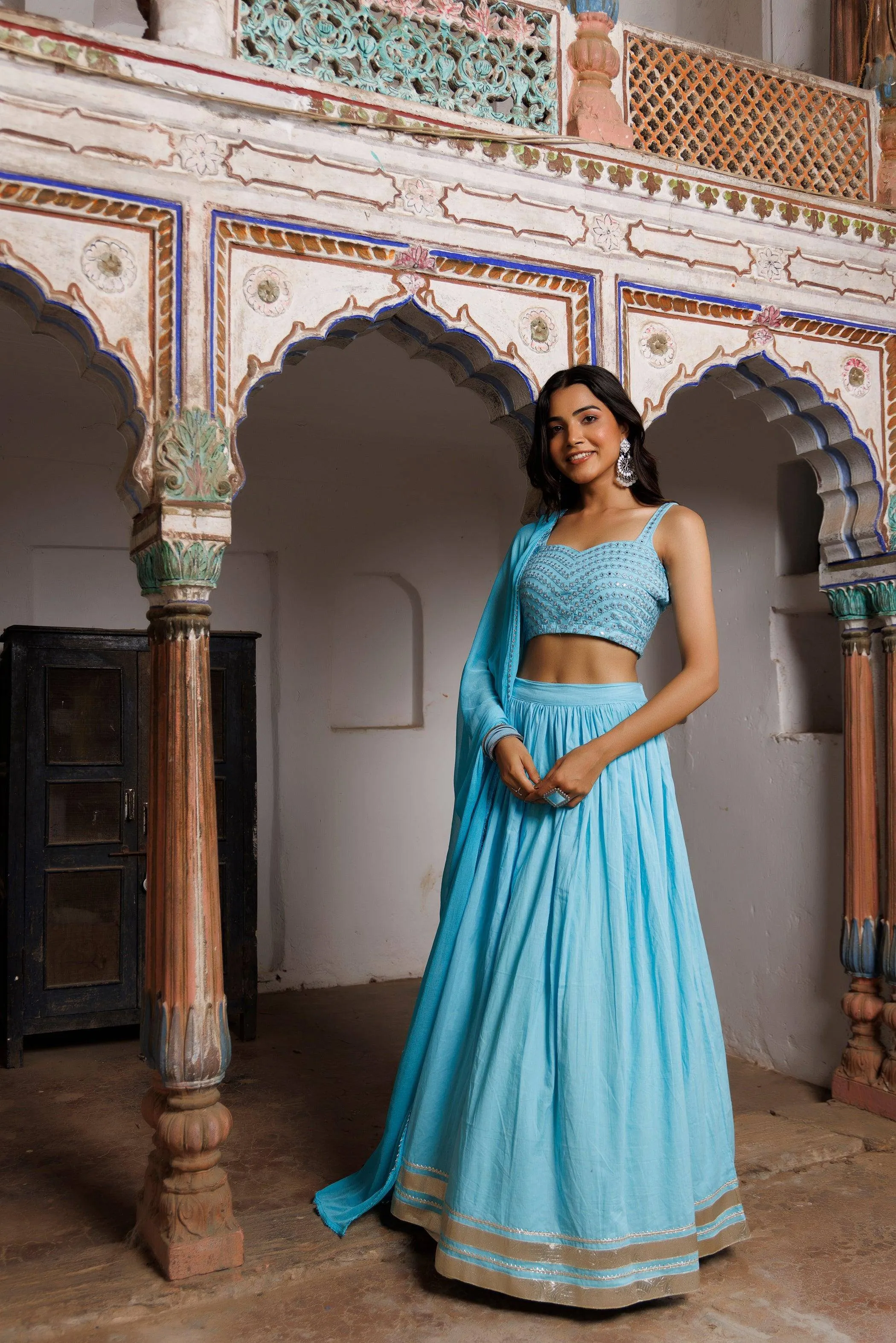RAGAVI Turquoise Blue Embroidered Lehenga Set